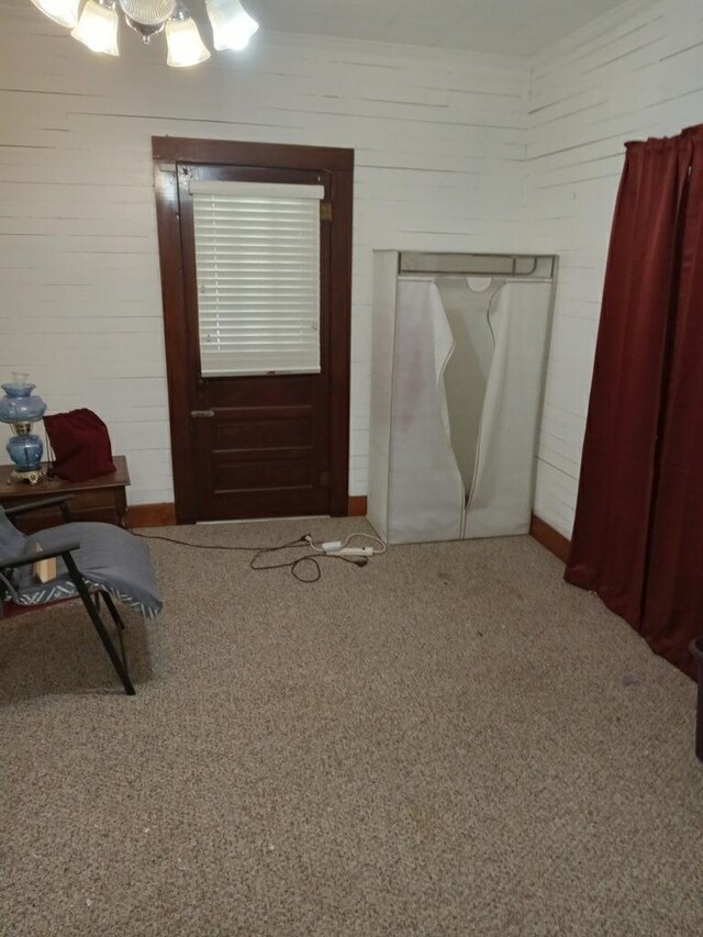 foyer with carpet floors and wooden walls