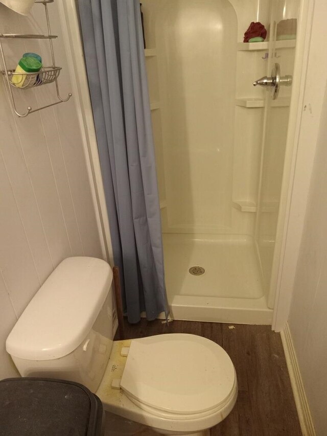 bathroom with a stall shower and toilet