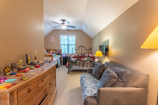 bedroom featuring light carpet, lofted ceiling, and ceiling fan