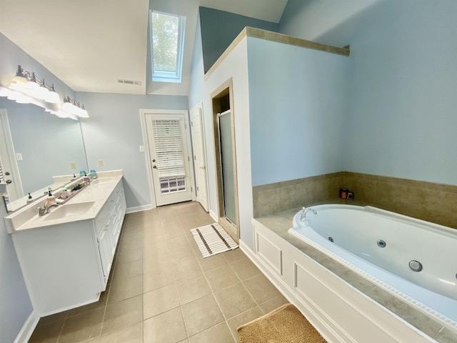 full bathroom with a stall shower, visible vents, tile patterned floors, a jetted tub, and double vanity