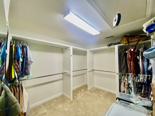 walk in closet with light colored carpet