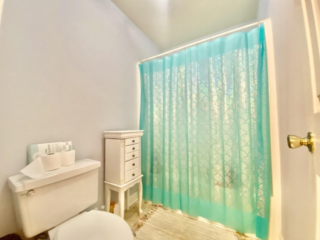 full bath featuring toilet and a shower with shower curtain