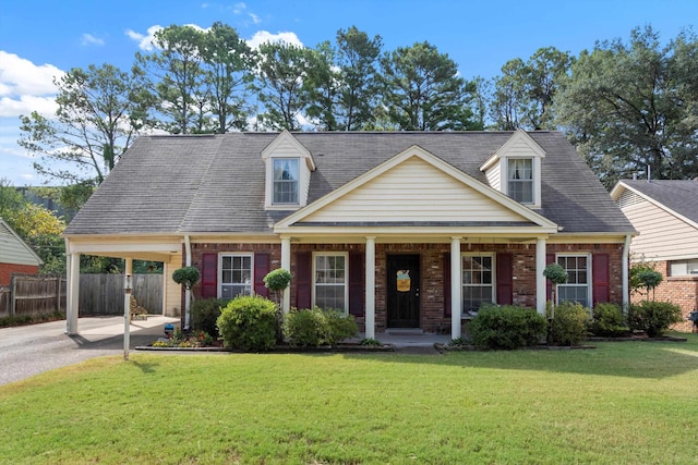 cape cod home with covered porch and a front yard