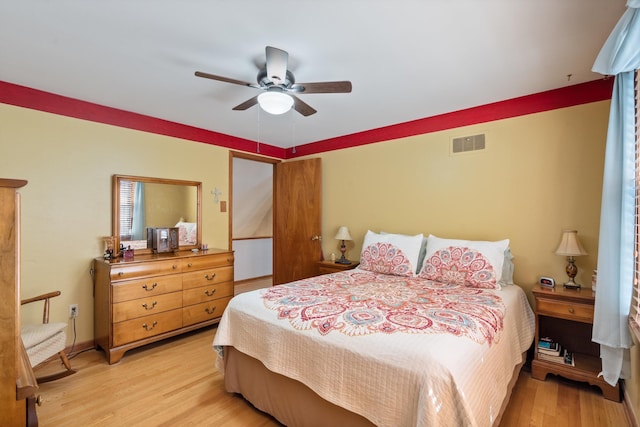 bedroom with ceiling fan and light hardwood / wood-style floors