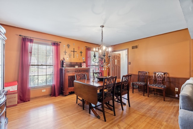 dining space with light wood-type flooring, a chandelier, and wood walls