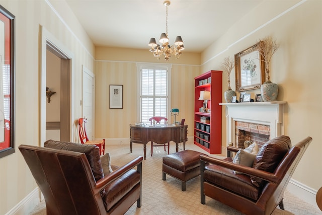 living room featuring light carpet and a chandelier