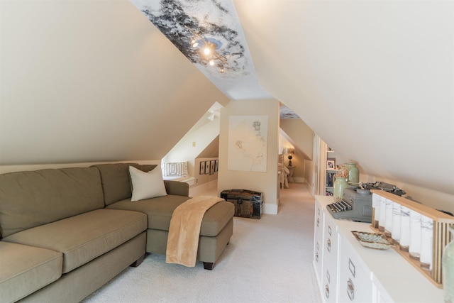 interior space featuring vaulted ceiling and light carpet