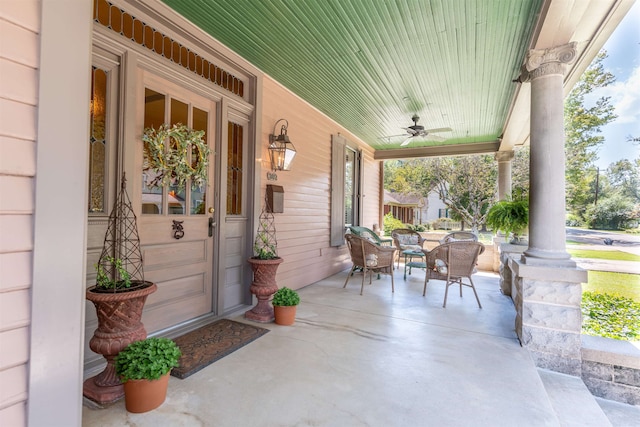 view of patio / terrace with a porch and ceiling fan