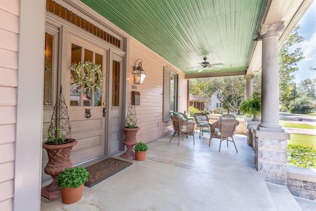 view of patio with a porch and ceiling fan