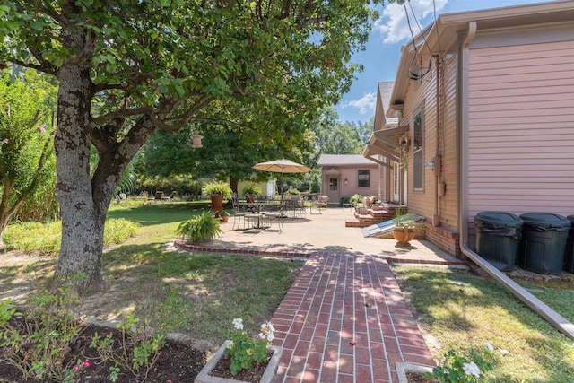 view of yard featuring entry steps and a patio area