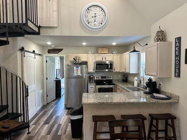 kitchen featuring a barn door, appliances with stainless steel finishes, light stone counters, sink, and kitchen peninsula