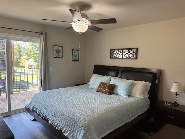 bedroom featuring hardwood / wood-style floors, ceiling fan, and access to exterior