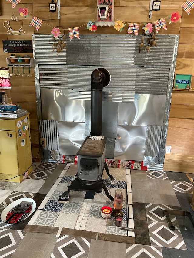 interior space featuring a wood stove