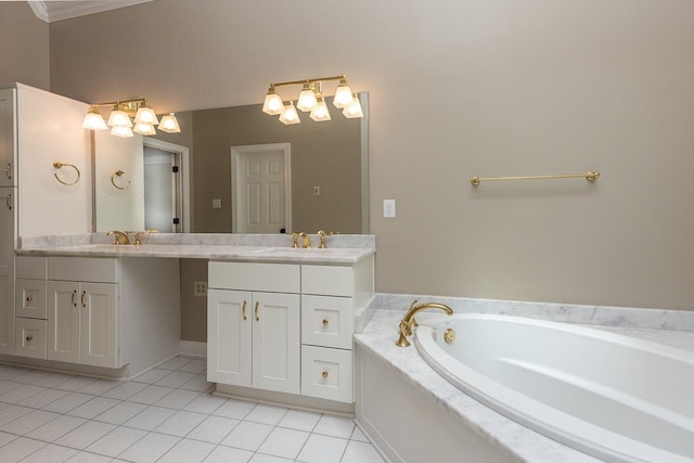 full bathroom with a bath, vanity, and tile patterned flooring