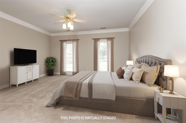 bedroom with light carpet, a ceiling fan, crown molding, and baseboards