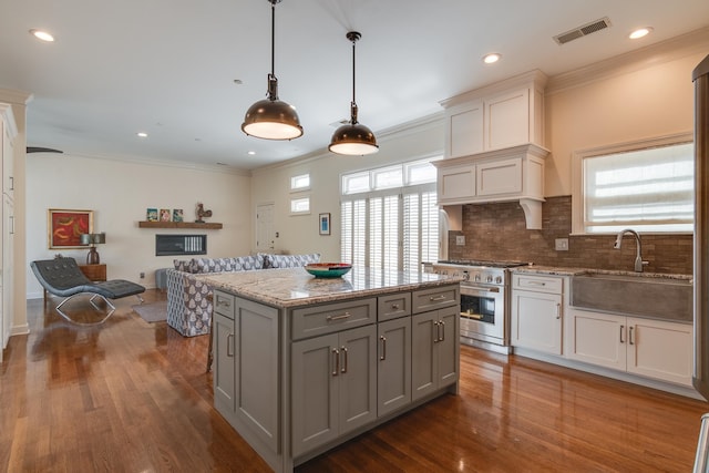 kitchen with a healthy amount of sunlight, high end stove, a center island, and wood-type flooring