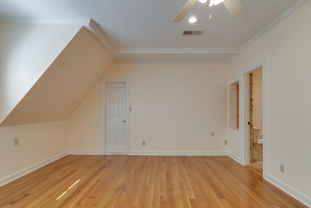 bonus room with lofted ceiling, light hardwood / wood-style flooring, and ceiling fan