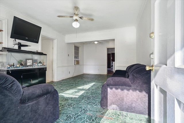 living room featuring crown molding and ceiling fan