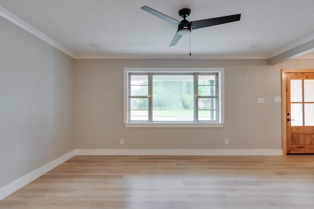 unfurnished room with ornamental molding, ceiling fan, and light hardwood / wood-style floors