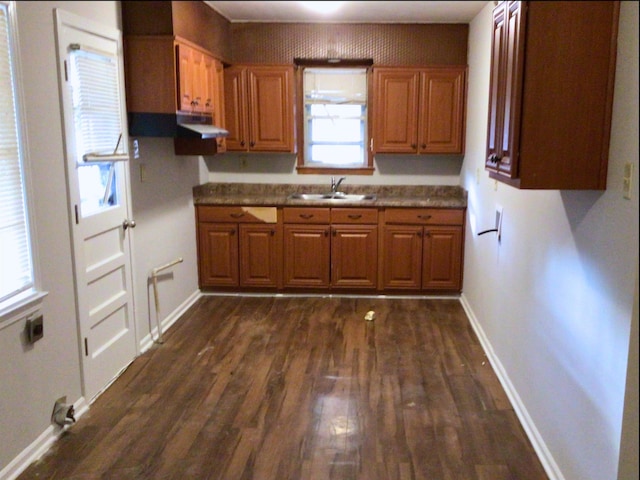 kitchen with stone countertops, dark hardwood / wood-style flooring, sink, and a wealth of natural light