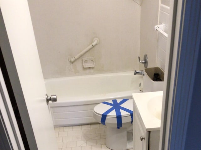 full bathroom with vanity, tile patterned flooring,  shower combination, and toilet