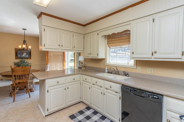 kitchen featuring a notable chandelier, kitchen peninsula, sink, black dishwasher, and light tile patterned flooring