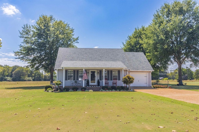 view of front of property with a garage, a front lawn, and covered porch