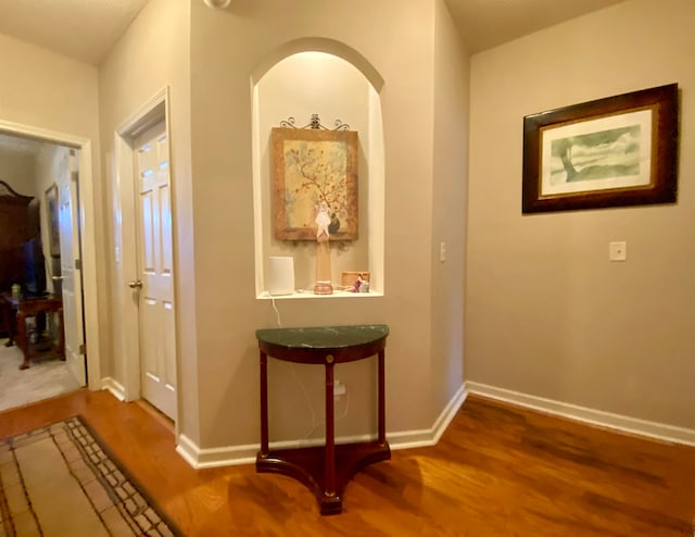 corridor with dark hardwood / wood-style floors