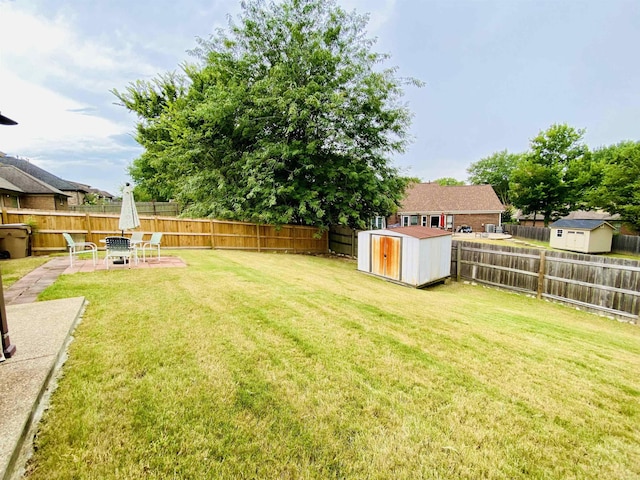 view of yard with a storage unit, an outdoor structure, and a fenced backyard