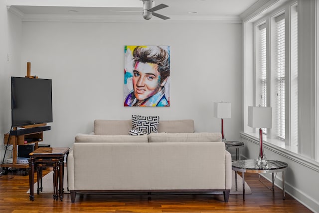 living room featuring a wealth of natural light, wood finished floors, and ornamental molding