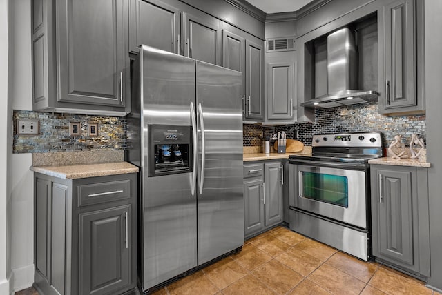 kitchen with visible vents, backsplash, wall chimney range hood, gray cabinets, and stainless steel appliances