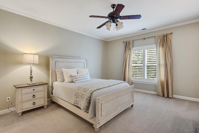 bedroom featuring light carpet, crown molding, visible vents, and baseboards