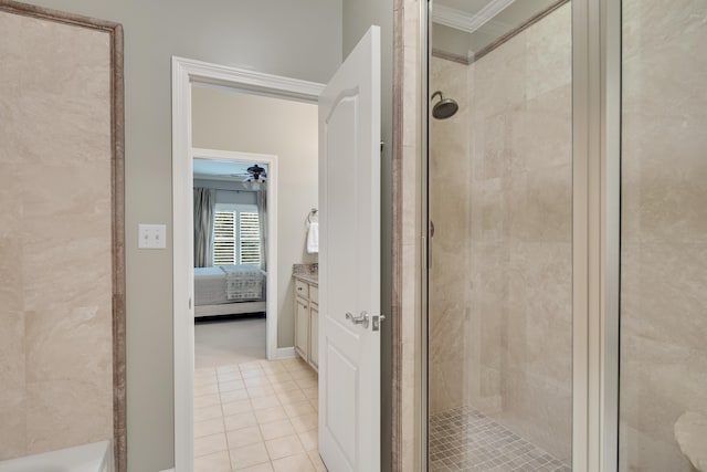 full bath with a stall shower, connected bathroom, crown molding, and tile patterned floors