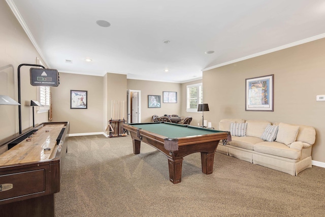 playroom featuring carpet, baseboards, crown molding, and recessed lighting