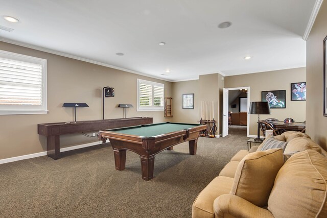 playroom with carpet floors, recessed lighting, ornamental molding, billiards, and baseboards