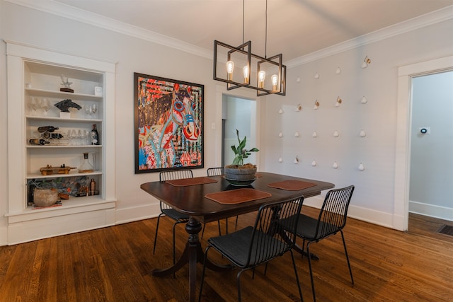 dining room featuring an inviting chandelier, dark wood-type flooring, and crown molding