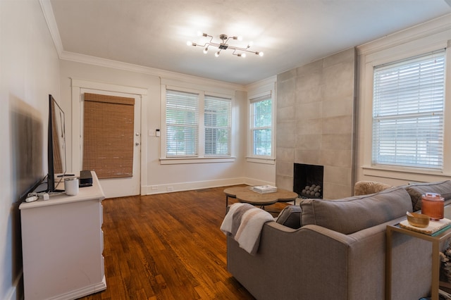 living room with ornamental molding, a tiled fireplace, and dark hardwood / wood-style flooring