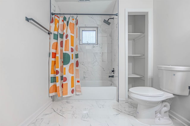 bathroom featuring toilet and shower / bath combination with curtain