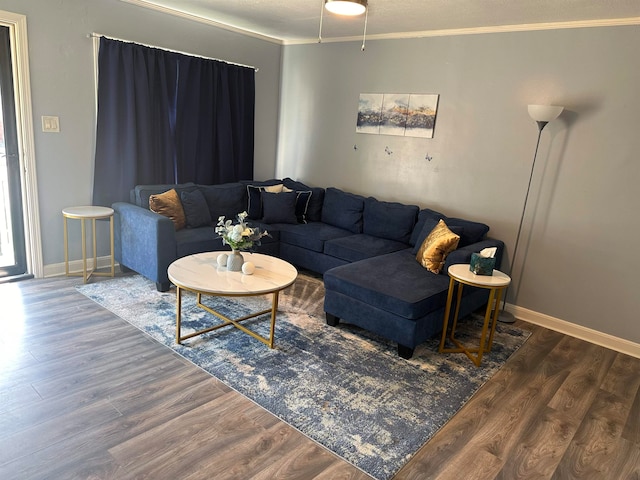 living room featuring crown molding and dark hardwood / wood-style floors