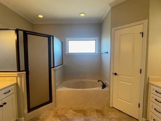 bathroom with crown molding, vanity, and independent shower and bath