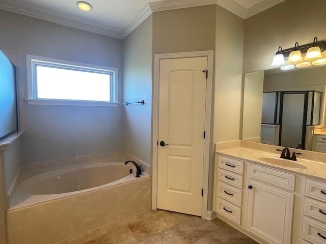 bathroom featuring crown molding, vanity, and independent shower and bath