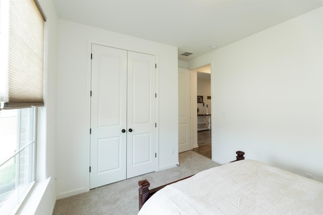 bedroom featuring multiple windows, light colored carpet, and a closet