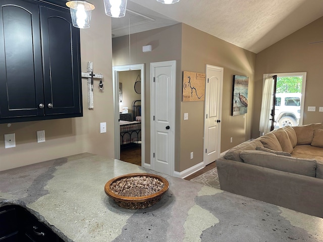 living room featuring lofted ceiling and a textured ceiling