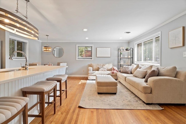 living room with a wealth of natural light, sink, light hardwood / wood-style flooring, and ornamental molding