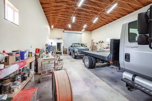 garage with a workshop area