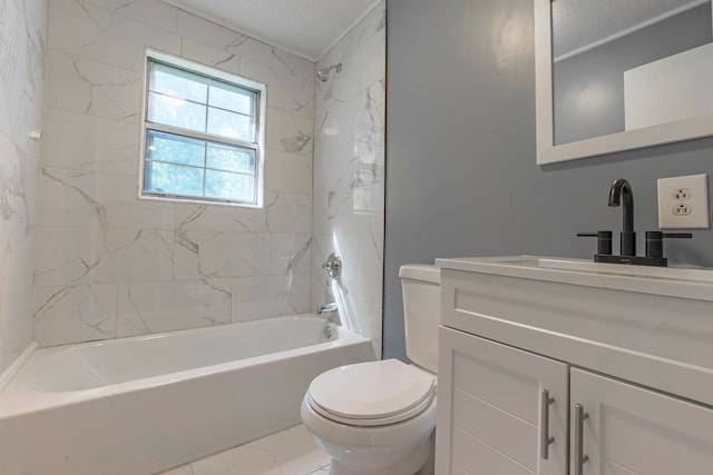 full bathroom featuring toilet, tiled shower / bath combo, a textured ceiling, and vanity