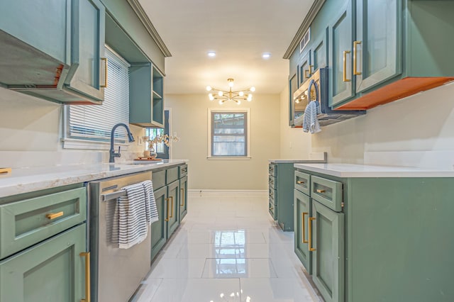 kitchen featuring green cabinets, light tile patterned floors, an inviting chandelier, a healthy amount of sunlight, and stainless steel dishwasher