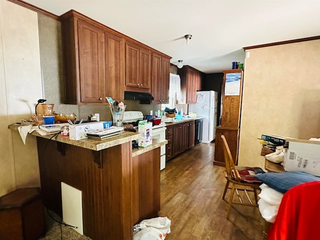 kitchen featuring dark wood-type flooring, white appliances, a breakfast bar area, and kitchen peninsula