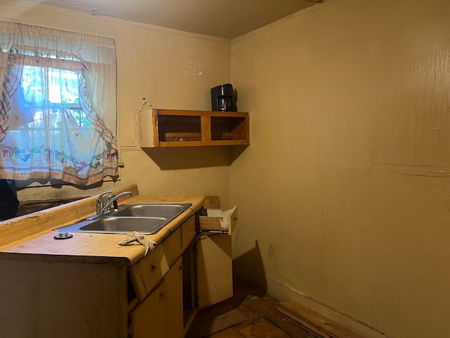 kitchen featuring ornamental molding, wooden counters, and sink