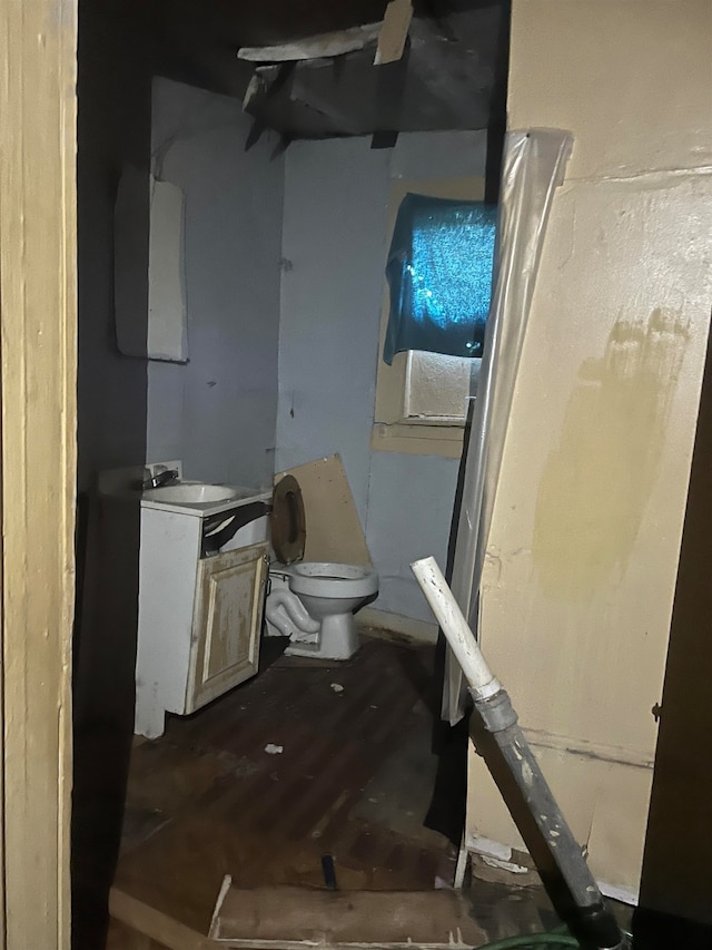 bathroom featuring vanity, toilet, and wood-type flooring